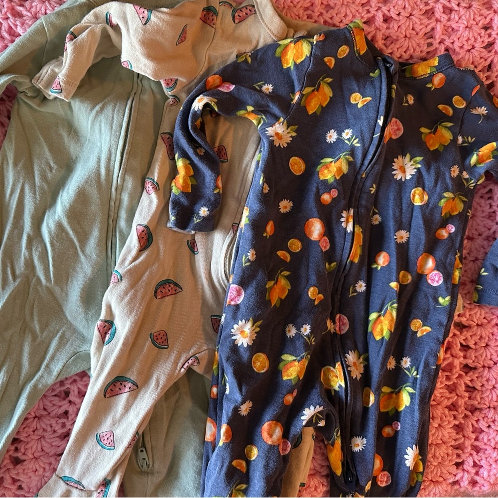 Kids One Piece Pajamas - Blue with Fruit and Floral Print